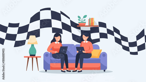 Two people on couch with laptops under checkered flag