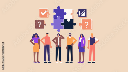 Team collaboration solving problems represented by puzzle pieces and data analysis