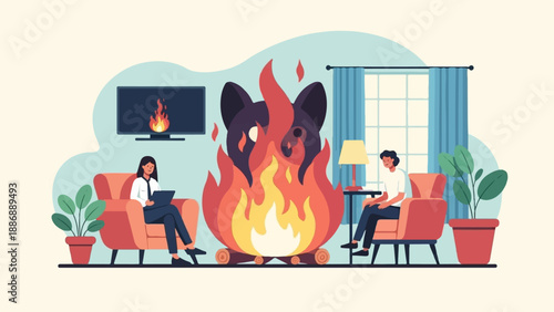 Two people sit in cozy chairs, a fire burns in a hearth, watching TV