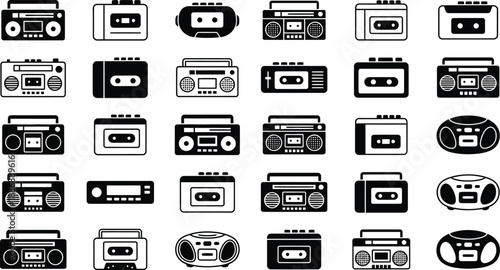 Retro cassette players and boomboxes, vintage audio equipment and music technology icons set