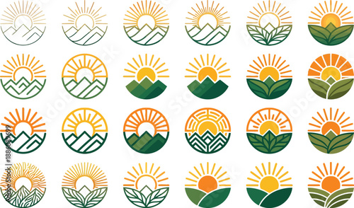 Sunrise over mountains and leaves with sunburst circle logo design collection vector illustration