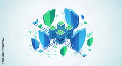 Digital security and protection concept with shields and leaves.