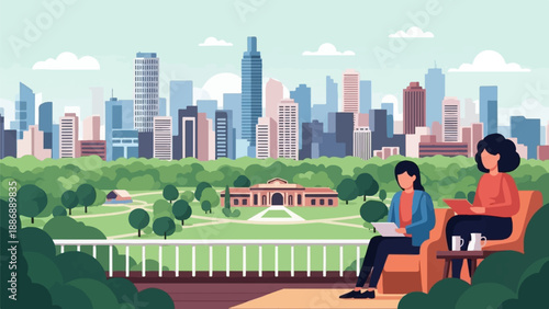 Two people sit on a balcony overlooking a park and city skyline