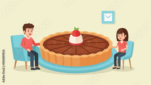 Two people sitting in chairs, ready to eat a large chocolate pie