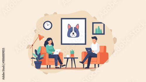 Two people sitting in chairs using laptops, with art and plants