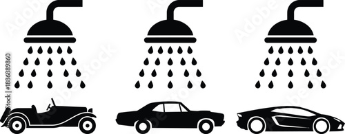 Collection of silhouettes of car wash icons symbolizing auto cleaning services and vehicle maintenance