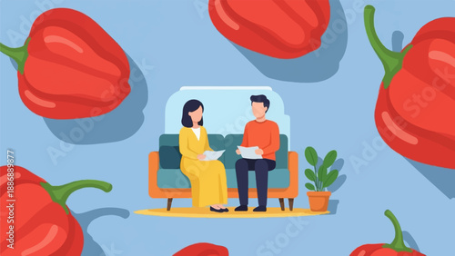 Two people sit on a couch discussing documents, with large red peppers scattered around