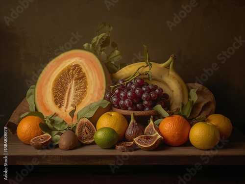 A still life of various fresh fruits on a wooden surface. The painterly style and subdued lighting highlight the rich textures and vibrant colors.