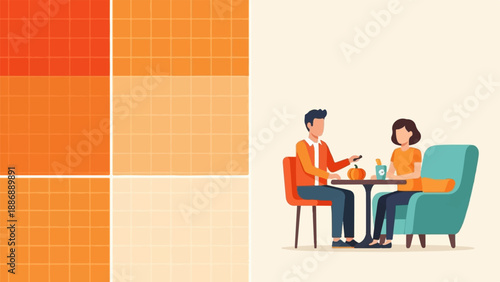 Two people sit at a table, a pumpkin on it, with a tiled background