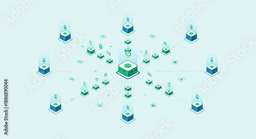 Isometric illustration of interconnected devices forming a network around a central hub.