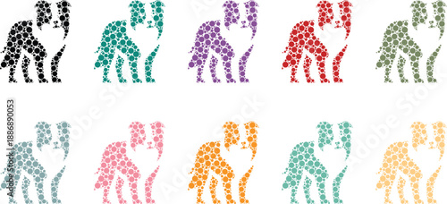 Dog silhouettes composed of circles in various colors, Canine mosaic figures in circle style
