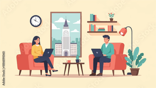 Two people sitting in chairs, working on laptops in a cozy room