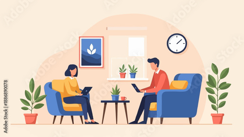 Two people sitting in chairs, working on laptops in a room with plants and art