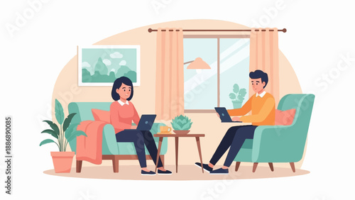 Two people sitting in comfortable chairs, each working on a laptop