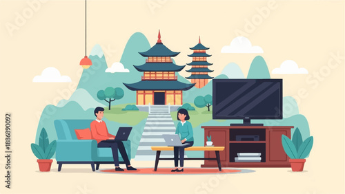 Two people work on laptops in a cozy room with a pagoda and mountains backdrop