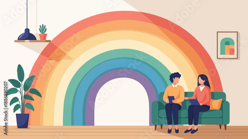 Two people sit on a couch under a large rainbow, talking