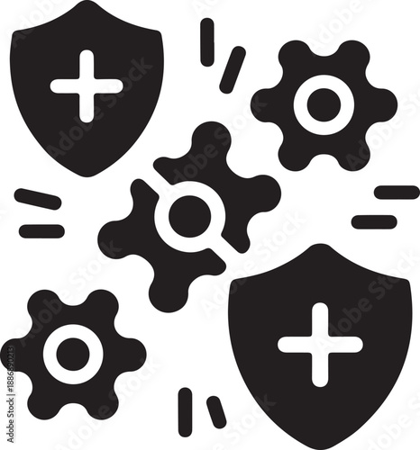 Shield and gear icons set for cybersecurity and technology protection flat design