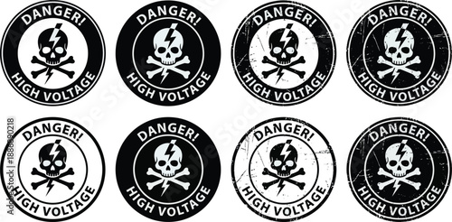 Danger High Voltage Warning Signs Set of 8 Circular Black and White Graphics