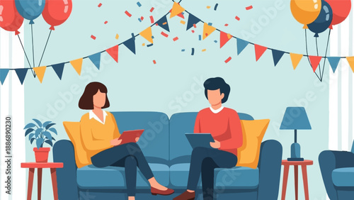 Two people sitting on a couch at a party, each using a tablet