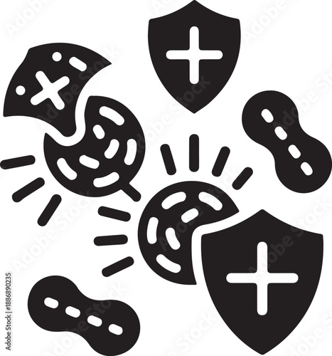 Hand drawn security icons set with virus shield protection and medical cross symbols vector illustration