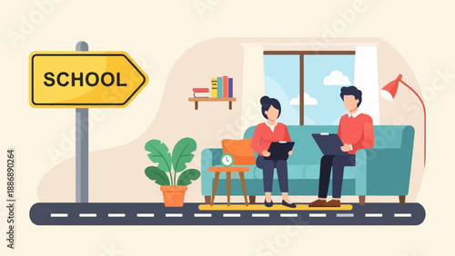 Two people sitting on a couch in a room with a school sign outside