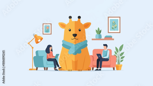 Two people using laptops on couches, with a large stylized animal in the middle