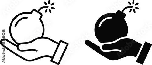 Hand holding a bomb with a burning fuse, representing danger, threat, or a risky situation