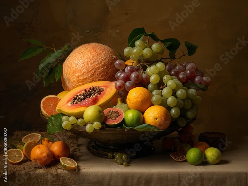 A still life of various fresh fruits on a wooden surface. The painterly style and subdued lighting highlight the rich textures and vibrant colors.