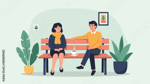 Two people sitting on a park bench sharing a coffee and conversation