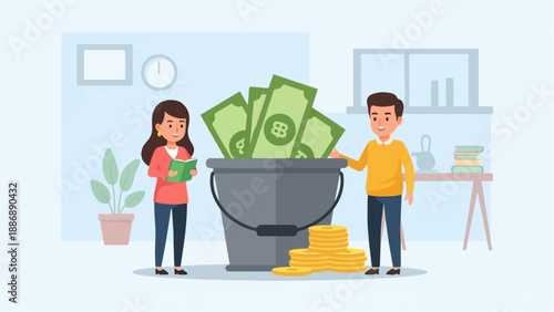 Two people with a bucket full of money and coins in an office