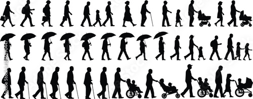Walking silhouettes, life stages, diverse people, strollers, umbrellas, children, canes, mobility aids, black figures, human movement, lifestyle diversity, aging