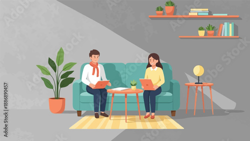 Two people sit on a sofa with laptops in a cozy room