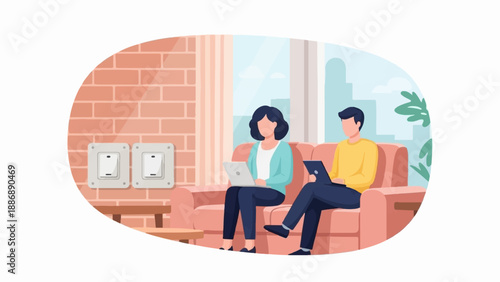 Two people sit on a sofa using laptops in a modern room