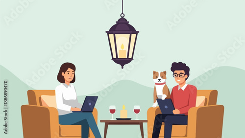 Two people with a dog relax indoors on chairs, each with a laptop