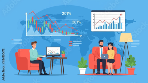 Two people review financial charts on laptops in a modern living room