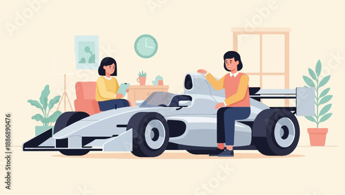 Two people with a race car in a living room