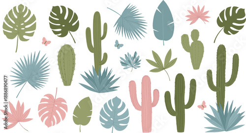 Tropical plant and cactus set with monstera leaves, palm foliage, and desert flora in pastel modern flat vector style