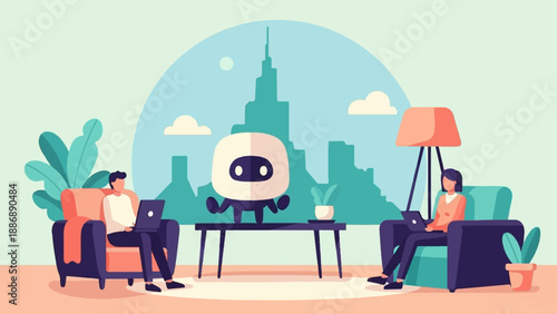 Two people work on laptops in a cozy room with a cityscape and robot behind them