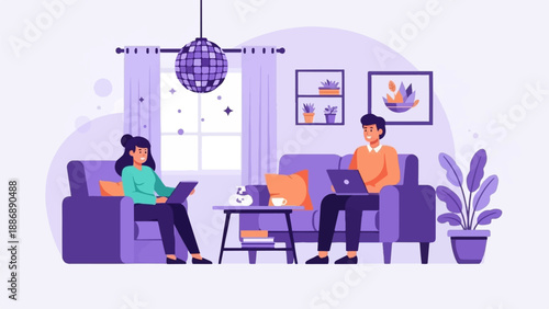 Two people work on laptops in a cozy room with a disco ball