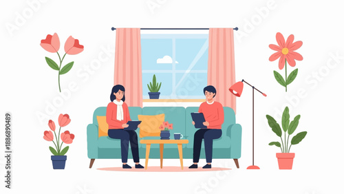 Two people sitting on a sofa in a room with plants and a window
