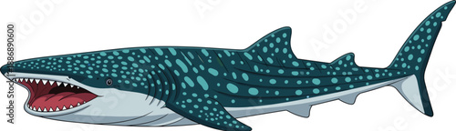 A detailed illustration of a large whale shark with blue and turquoise spots, featuring an open mouth and sharp teeth.