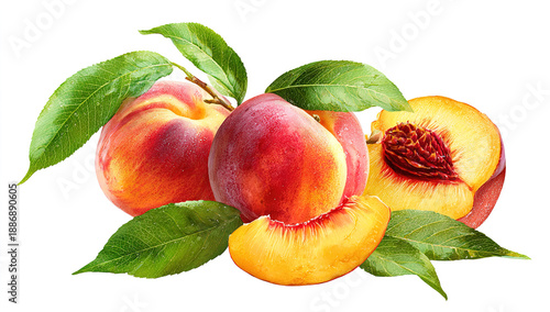 Wallpaper Mural fresh peaches with green leaves whole and halved fruits arranged in organic layout healthy natural summer fruit concept isolated on white background Torontodigital.ca