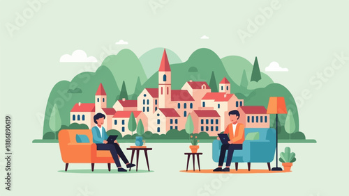 Two people relaxing on sofas, looking at tablets with a village backdrop