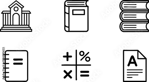 Education Finance Document Line Icons Set Museum Book Calculator Paper Notebook Vector EPS Outline Symbols