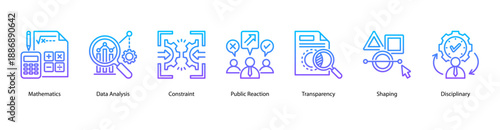 Data and Evaluation web banner icon vector illustration featuring Mathematics, Data Analysis, Constraint, Public Reaction, Transparency, Shaping, and Disciplinary.