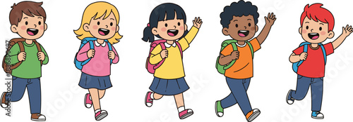 A set of diverse and happy cartoon school children with backpacks, running, walking, and waving in excitement.