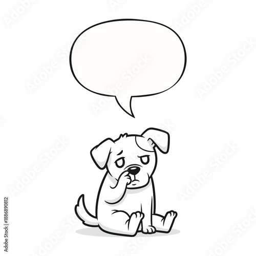 Sad cartoon dog sitting alone with speech bubble
