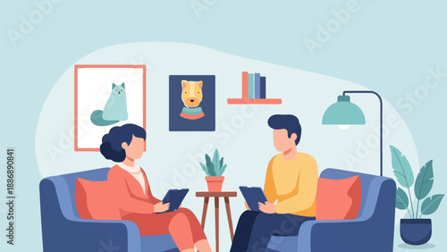 Two people sit on couches talking in a room with art and plants