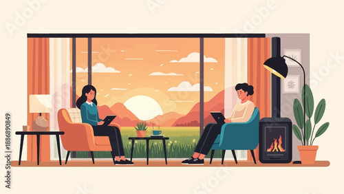 Two people relaxing indoors with laptops, watching a sunset