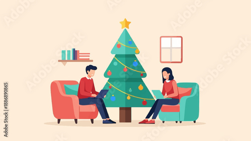 Two people sit on couches near a Christmas tree, working on laptops